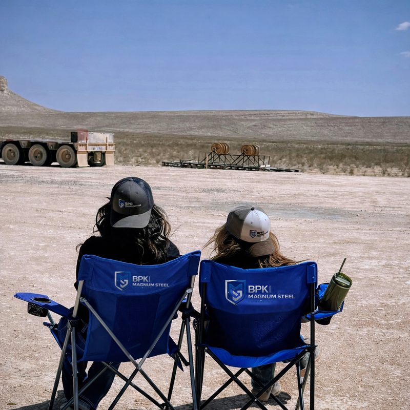BPK team previewing a desert site from BPK Magnum Steel deck chairs