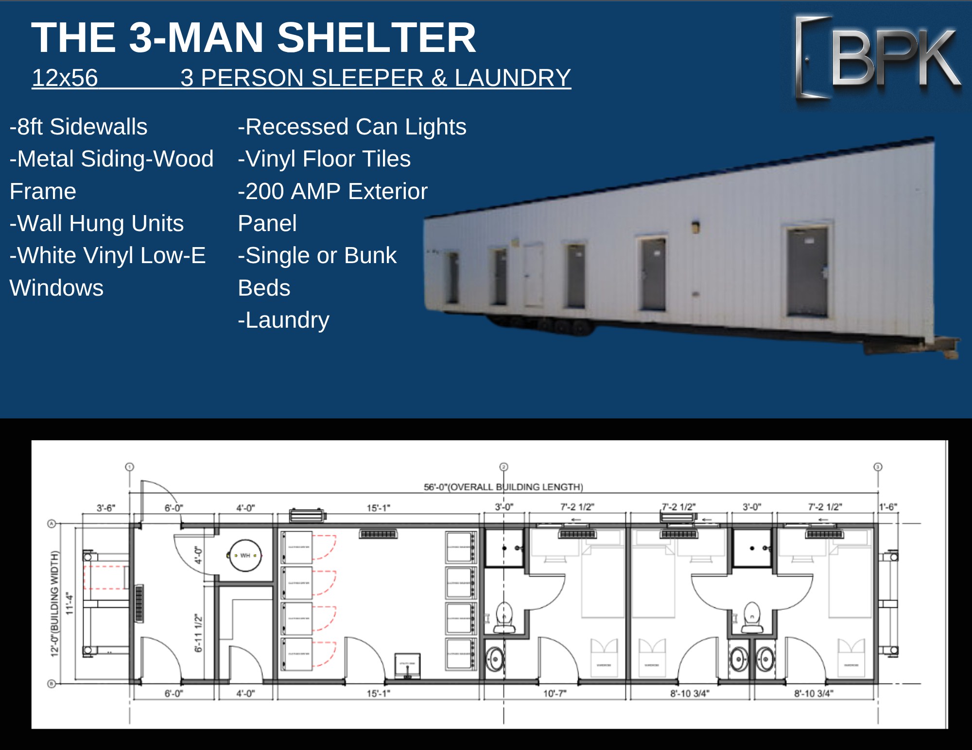 The 3-Man Shelter — 12×56 · 3 person + laundry