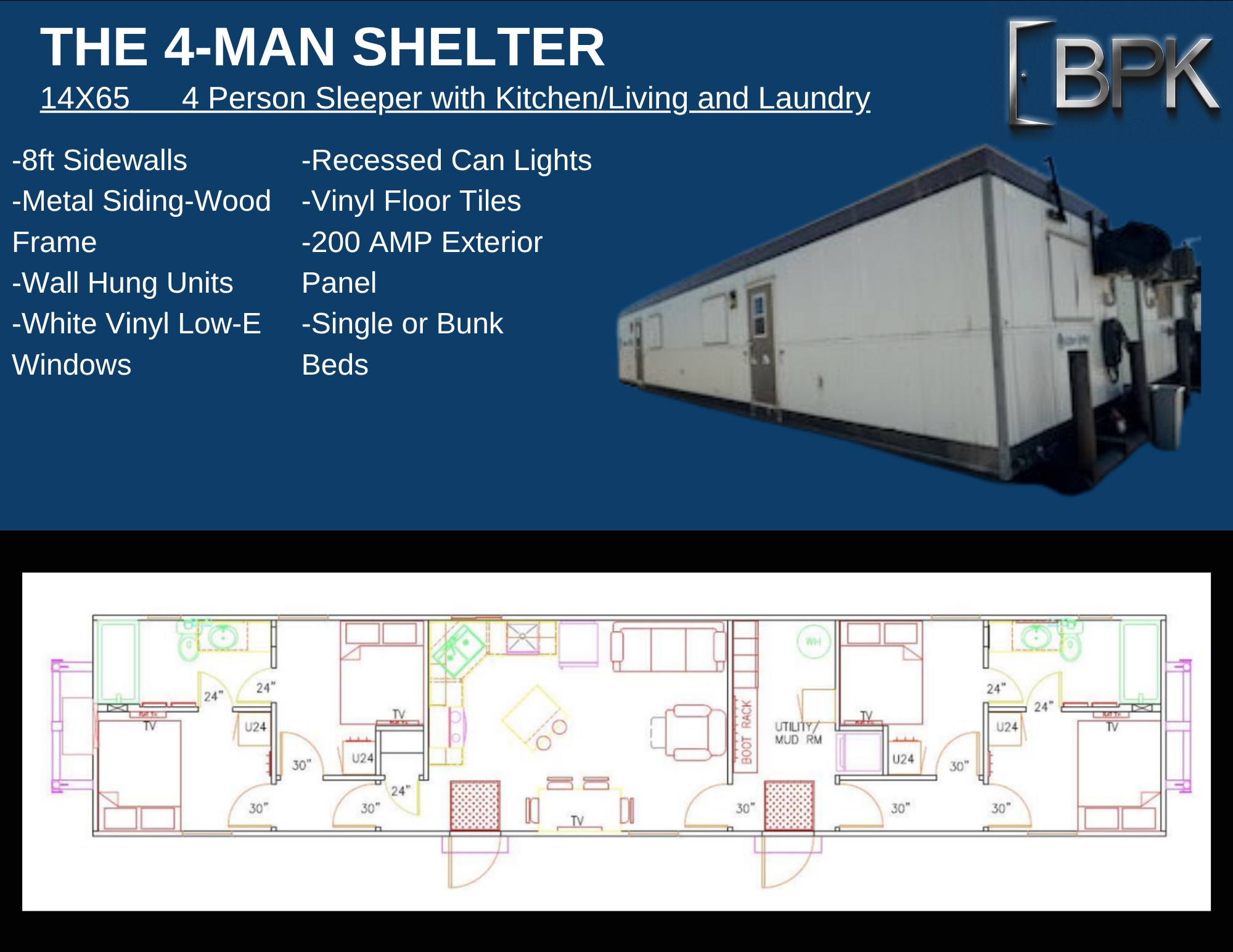 The 4-Man Shelter — 14×65 · 4 person + kitchen/living/laundry