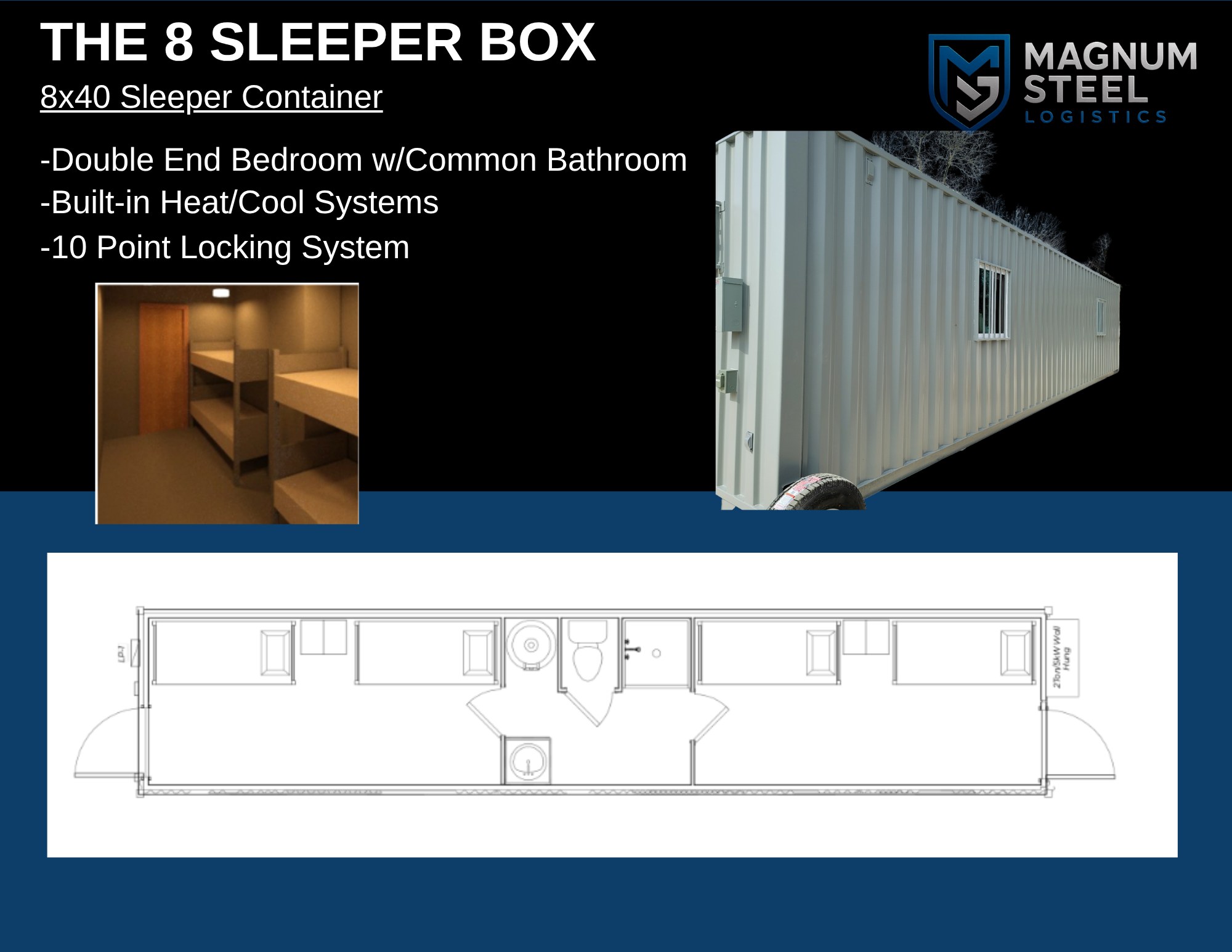 8-Sleeper Box — Steel container · 8 person + heat/cool · 10-pt locking