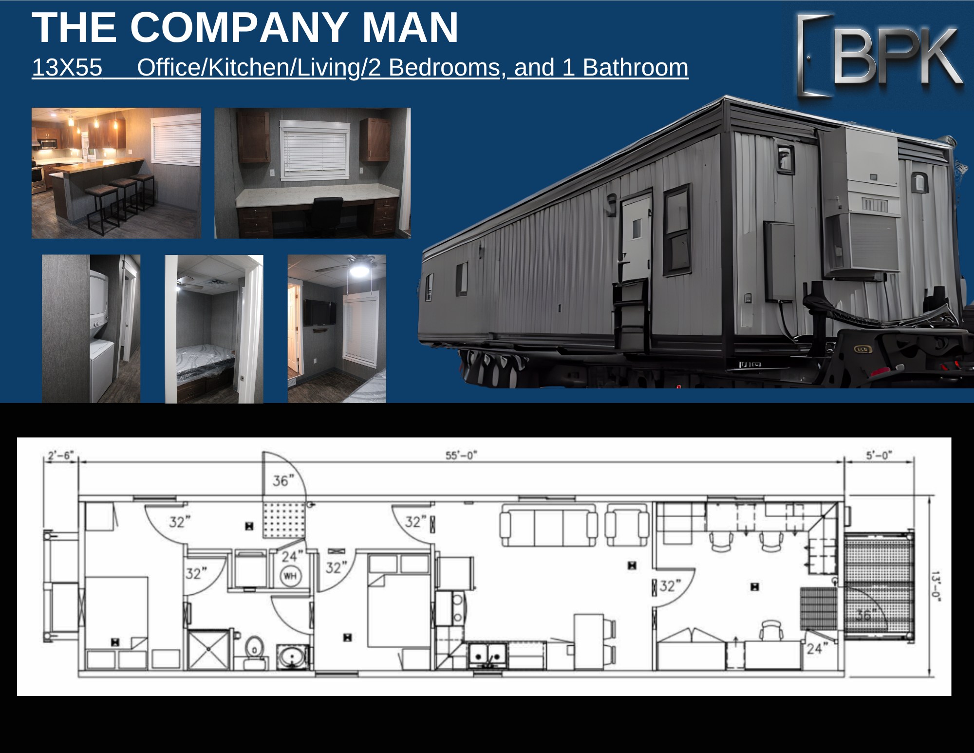 The Company Man — 13×55 · Office/Kitchen/Living + 2 BR/1 BA