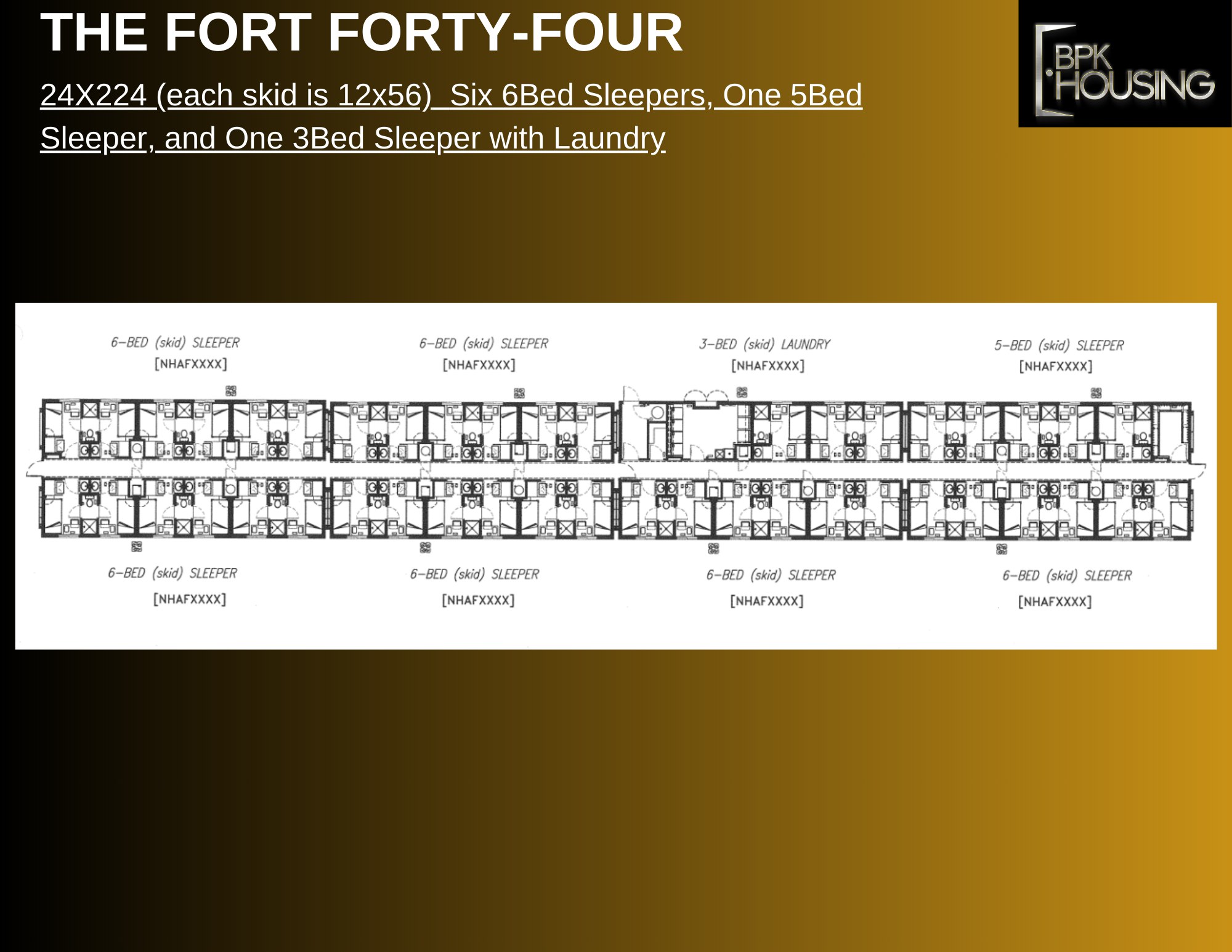 The Fort Forty-Four — 24×224 · 44 beds across 8 skids