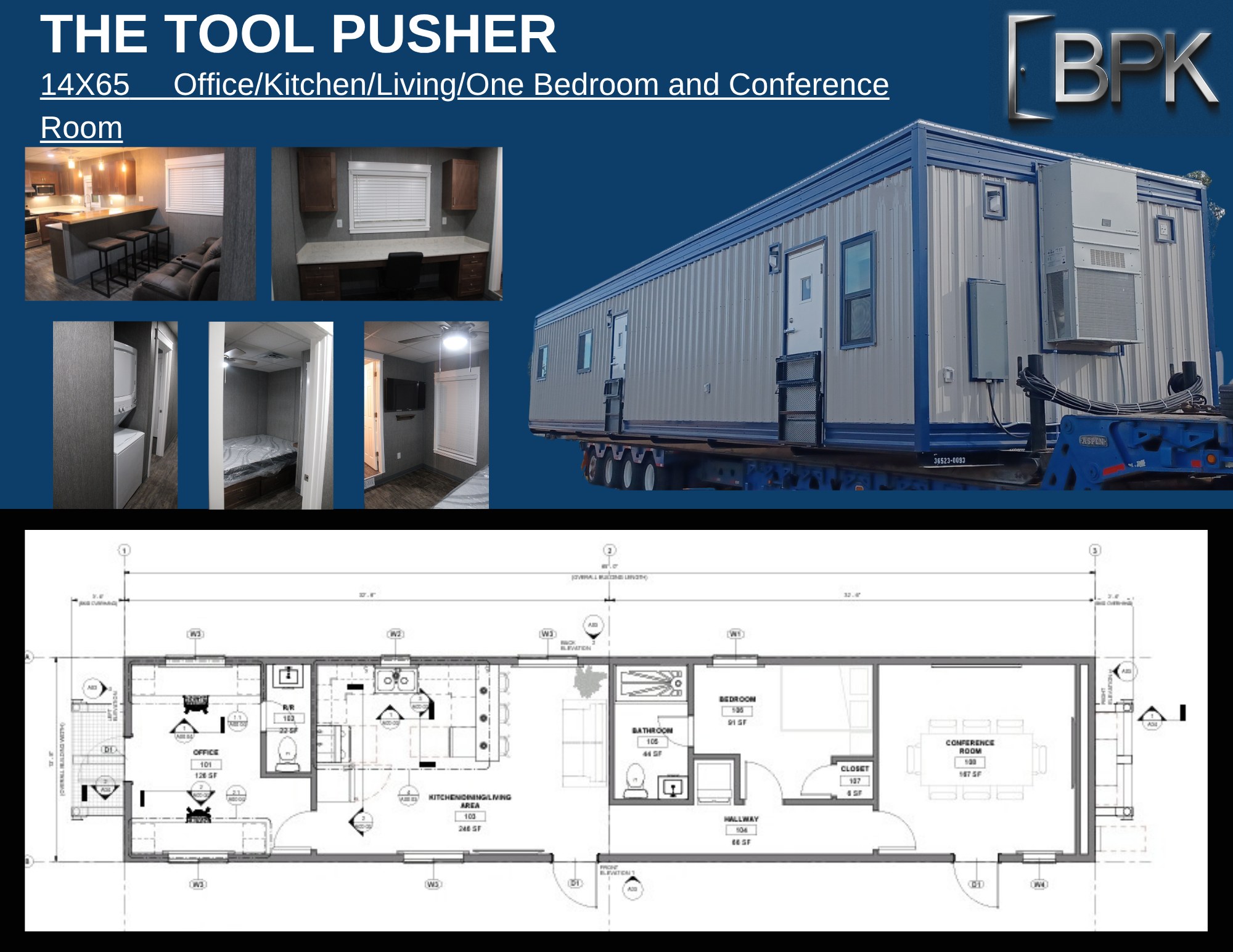The Tool Pusher — 14×65 · Office/Kitchen/Living/Bedroom + Conference