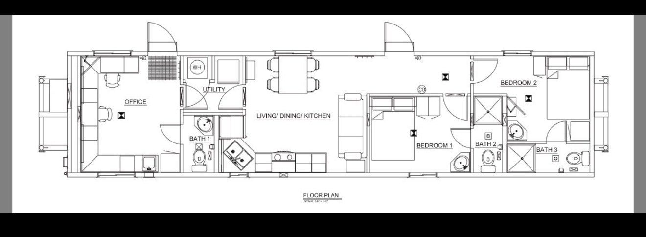 Company Man Modular floor plan — Office with built-in workstation, full kitchen, two bedrooms with en-suite baths, mudroom and utility