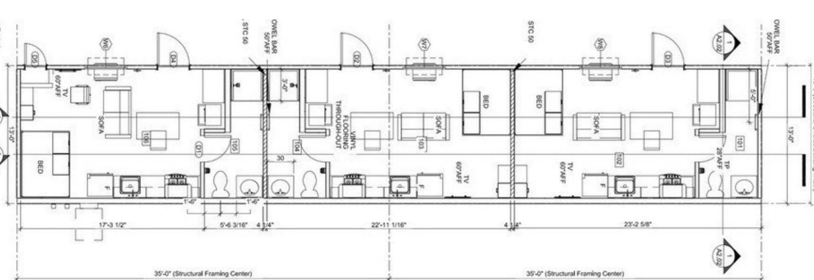 13 by 70 foot 3/3 AS-IS studio unit floor plan — 3 private suites each with bed, sofa, TV, and en-suite bath
