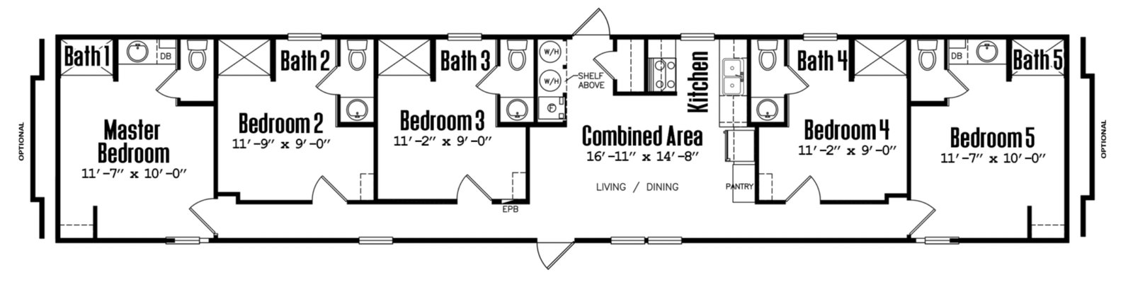 Yellow Rose U1 floor plan — 5 bedrooms each with en-suite bath, combined living/dining/kitchen common area